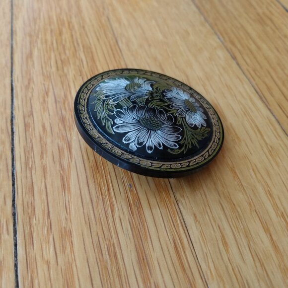 Vintage French Etched Plastic Brooch Gold Silver Floral Trombone Clasp France - Picture 4 of 11